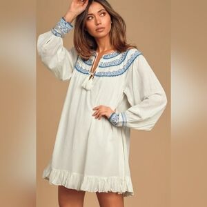 Free People Erin Embroidered Smocked Mini Dress Size Large White and Blue